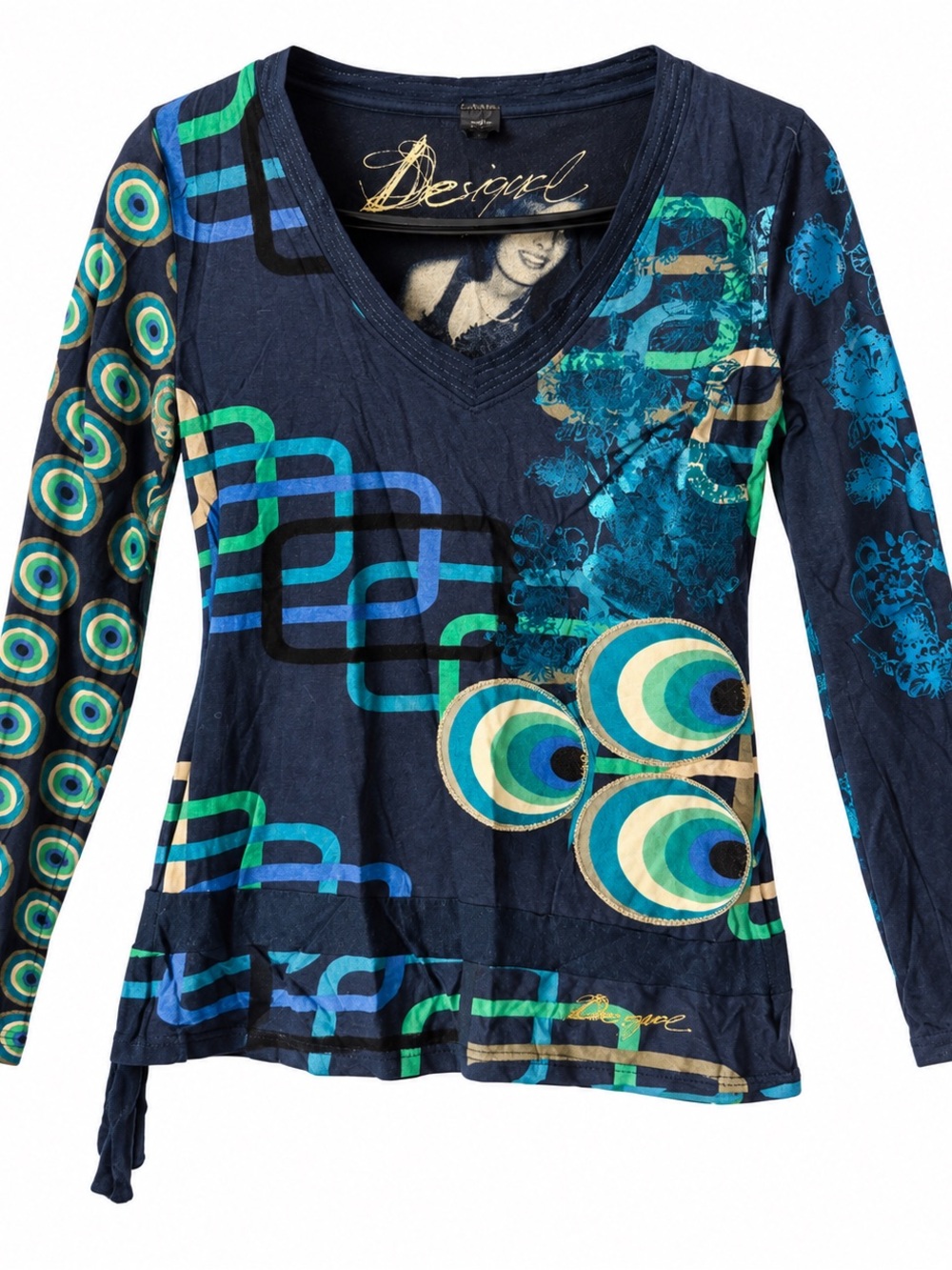 Desigual Navy, Teal & Green Long Sleeve V-Neck Graphic Top